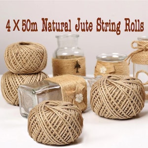4 X 50m Natural Brown Jute Thread Rustic Hessian Twine String Hemp Rope Cord Bundle for Garden Decoration, Wrapping Gifts, Christmas Xmas