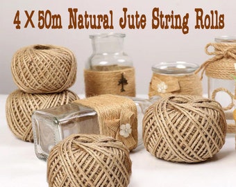 4 X 50m Natural Brown Jute Thread Rustic Hessian Twine String Hemp Rope Cord Bundle for Garden Decoration, Wrapping Gifts, Christmas Xmas