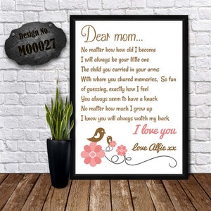 Cara mamma - Poesia personalizzata della mamma - Ricordo della mamma, biglietto di auguri, regalo di Natale, regalo di anniversario, regalo della mamma di I Love You regalo del figlio figlia