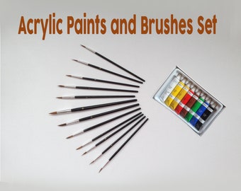 8 X 6 ml Acrylic Colour Color Paint Paints, 12 Pointed Tip Brushes Artist Set