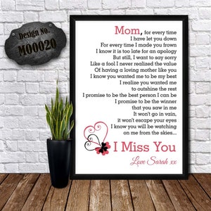 Personalisiertes Erinnerungsgedicht - Muttertagsgedicht - I miss You Karte Mama Mama Mama Schwester Tante Frau, Druck Poster, Geschenk, Andenken