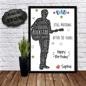 GITAAR WOORD KUNST - Rock Star Dad - Gitarist Gift - Caring Dad Prints - Stiefvader verjaardagskaart - kaart van zoon - Personaliseren Groet