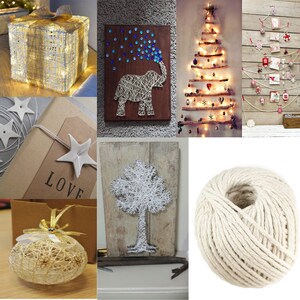 May include: A selection of handmade crafts and decorations. The image shows a string art elephant, a Christmas tree made of branches, and a gift box with fairy lights. Also shown are a ball of twine, a wrapped gift, and a string art tree.