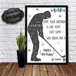 GOLF WORD ART - Presentes do pai golfista - Pôster de aniversário do pai - Personalize a arte do golfe - Presente do dia de Natal - Papai feliz aniversário - Cartão carinhoso do pai