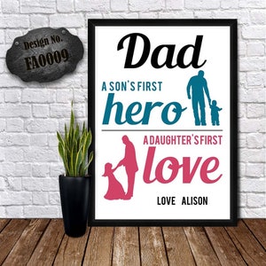 MY DAD HERO - Impressão de aniversário de papai - Presente de dia dos pais - Pai com filho e filha - Pôster personalizado - Aniversário de pai amoroso - Cartão de papai fofo