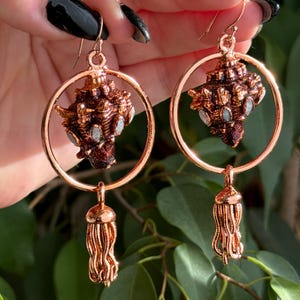 Mermaid earrings with real copper eformed seashells adorned win rainbow moonstones with colorful patina on rose gold plated silver hooks