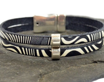 Ehlers-Danlos- Syndrom (EDS) Bewusstsein - Schwarz und Zebra gemustertes Leder Doppelstrang Armband-Kreis Slider und Magnetverschluss(314)