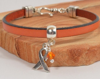 Leukemia Awareness Bracelet - Orange 5mm Flat Leather with Charm Holder, Awareness Ribbon, Crystal, and Antique Silver Hook Clasp (5A-326)