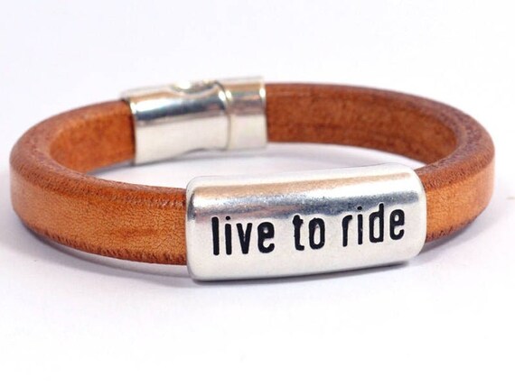 Caramel Regaliz Leather Bracelet with Antique Silver "Live to Ride" Slider and Magnetic Clasp (R-508)