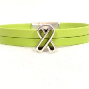Non-Hodgkin&#39;s Lymphoma Bracelet - Lime Green Premier Leather Bracelet with Antique Silver Awareness Ribbon and Magnetic Clasp (5FA-205)