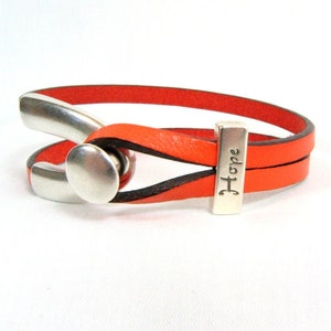 Leukemia &quot;Hope&quot; - Orange Leather Wishbone Bracelet with a Button Wishbone Clasp and HOPE Slider in Antique Silver (5FA-238)
