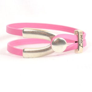 Pink Leather Wishbone Bracelet - 5mm Flat Leather Wishbone Bracelet with Antique Silver Button WIshbone Clasp and Choice of Slider  (5F-329)