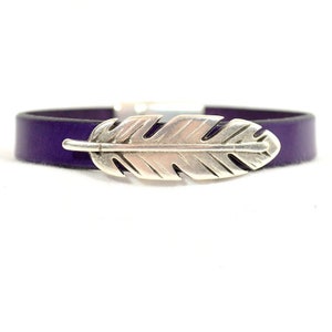 Psalm 91 ~ Crohn&#39;s Disease Awareness Bracelet - Puprle 10mm Flat European Leather, Antique Silver Feather Slider and Magnetic Clasp (231)