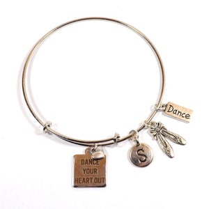 Dance Your Heart Out - Expandable Silver Bangle Bracelet with 5 Charms - Personalization Available (B-105)