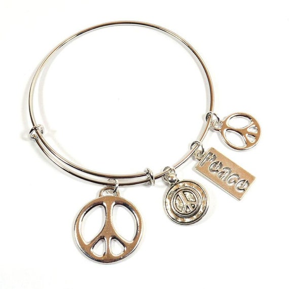 Peace be the Change Bracelet Expandable Silver Bangle Bracelet With 4 Charms Personalization Available b 013p Etsy