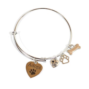 Adopt-a-Dog Bracelet  - Expandable Animal Rescue Silver Bangle Bracelet 4 Silver Charms (B-ad)