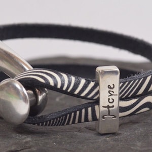 Ehlers-Danlos Syndrome (EDS) Awareness Bracelet - Black and White 5mm Flat Zebra Patterned Leather Wishbone Bracelet with Hope Slider(5-303)