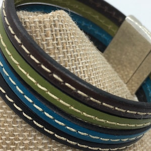 Multi-Colored 5mm Stitched Leather Magnetic Bracelet