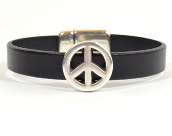 Men's Black Leather Bracelet/Men's Peace Bracelet/Black Peace Bracelet/Peace Sign/Antique Silver Magnetic Clasp (10F-507)