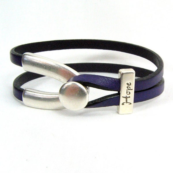 Alzheimer's Awareness Bracelet -  Purple 5mm Leather Wishbone Bracelet with Antique Silver Hope Slider and Wishbone Toggle Clasp (5FA-317)