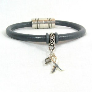 Diabetes Awareness Bracelet - Gray Single Strand 5mm Round Leather Bracelet with Awareness Ribbon, Crystal, and Magnetic Clasp (5FA-125)