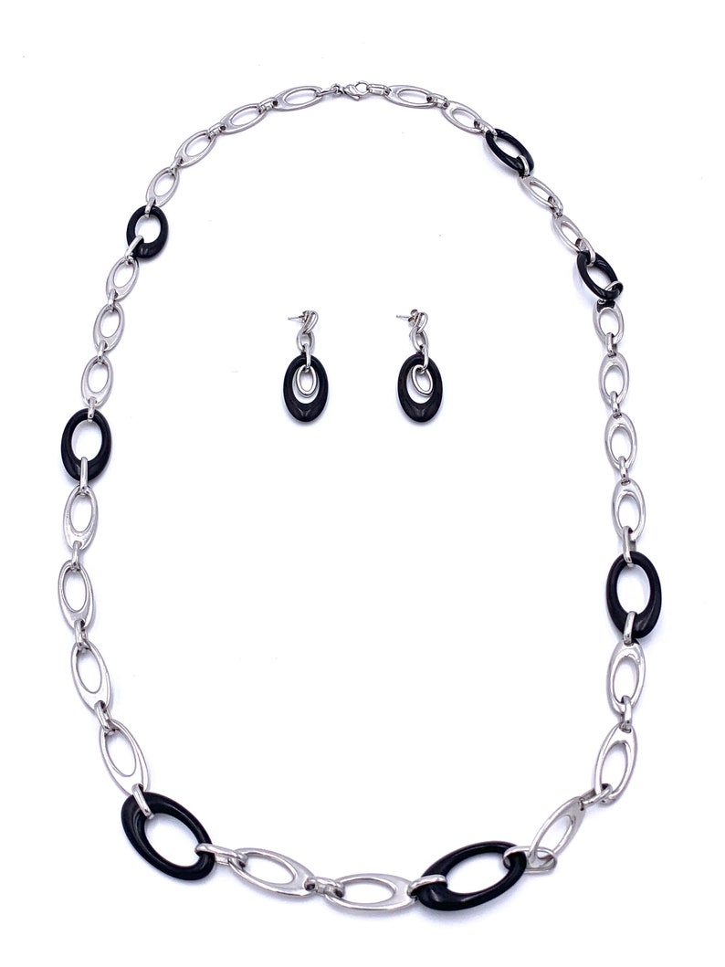 Sterling Silver Oval Onyx Chain Link Necklace /& Earring Set
