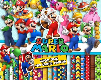 Paquete de imágenes prediseñadas de Super Mario, imágenes transparentes, mario png imprimible, mario, cliparts png videojuego mario, diseño de álbum de recortes, fuente mario