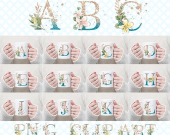 Alphabet Letters PNG Bundle, Watercolor floral alphabet, Floral alphabet, mug designs, Alphabet Clipart, Floral Hand Drawn Doodle