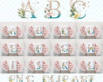 Lettres de l'alphabet PNG Bundle, alphabet floral aquarelle, alphabet floral, conceptions de tasse, Alphabet Clipart, Doodle dessiné à la main Floral