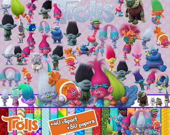 Trolls PNG bundle, Trolls Clip Art, Trolls PNG Digital Papers, Trolls Characters PNG for birthday party decoration, Trolls Printable png