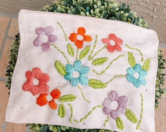 Embroidered flower canvas pouch