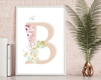 Monogram Letter B Wall Art Printable For Nursery | Monogram Nursery Decor | Monogram Nursery Sign | Blush Monogram Decor | Floral Monogram