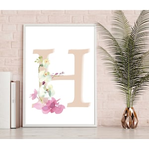 Monogram Letter H Wall Art Printable For Nursery | Monogram Nursery Decor | Monogram Nursery Sign | Blush Monogram Decor | Floral Monogram