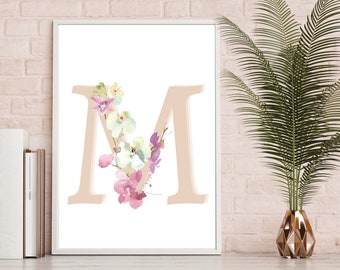 Monogram Letter M Wall Art Printable For Nursery | Décor de pépinière monogramme | Signe de pépinière de monogramme | Décor monogramme fard à joues | Monogramme floral