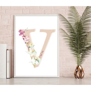 Monogram Letter V Wall Art Printable For Nursery | Monogram Nursery Decor | Monogram Nursery Sign | Blush Monogram Decor | Floral Monogram