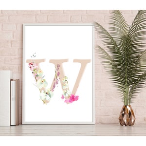 Monogram Letter W Wall Art Printable For Nursery | Monogram Nursery Decor | Monogram Nursery Sign | Blush Monogram Decor | Floral Monogram