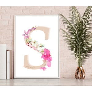 Monogram Letter S Wall Art Printable For Nursery | Monogram Nursery Decor | Monogram Nursery Sign | Blush Monogram Decor | Floral Monogram
