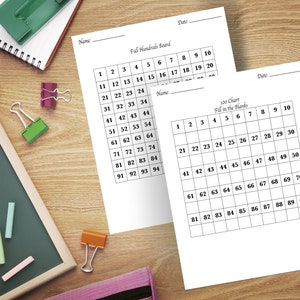 Hojas de trabajo imprimibles Montessori: tablero de cientos completos y 100 gráficos