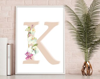 Monogram Letter K Wall Art Printable For Nursery | Décor de pépinière monogramme | Signe de pépinière de monogramme | Décor monogramme fard à joues | Monogramme floral