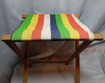 Antique Fold Up Wood and Rainbow Canvas Camping Stool