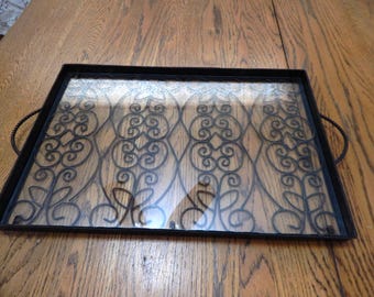 Decorative Serving Tray with Filigree Scroll Pattern Under Glass 18 x 12"