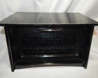 Black Wood Bread Box Electronic Station Cupboard Storage Glass Door