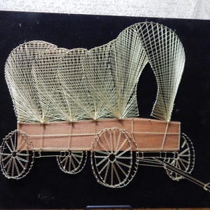 MCM Wagon Nail & Gold String Art on Black Velver Cowboy Western
