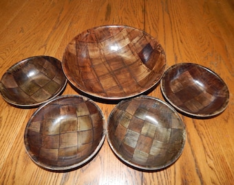 Vtg Authentic Woven Wood Salad Bowl and Serving Bowls Dark Brown Walnut 5 pc set