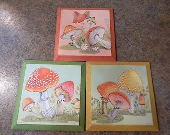 Mushrooms Donald Art Lithograph 1970s Green Yellow Orange Mushroom Plaques Boho Art