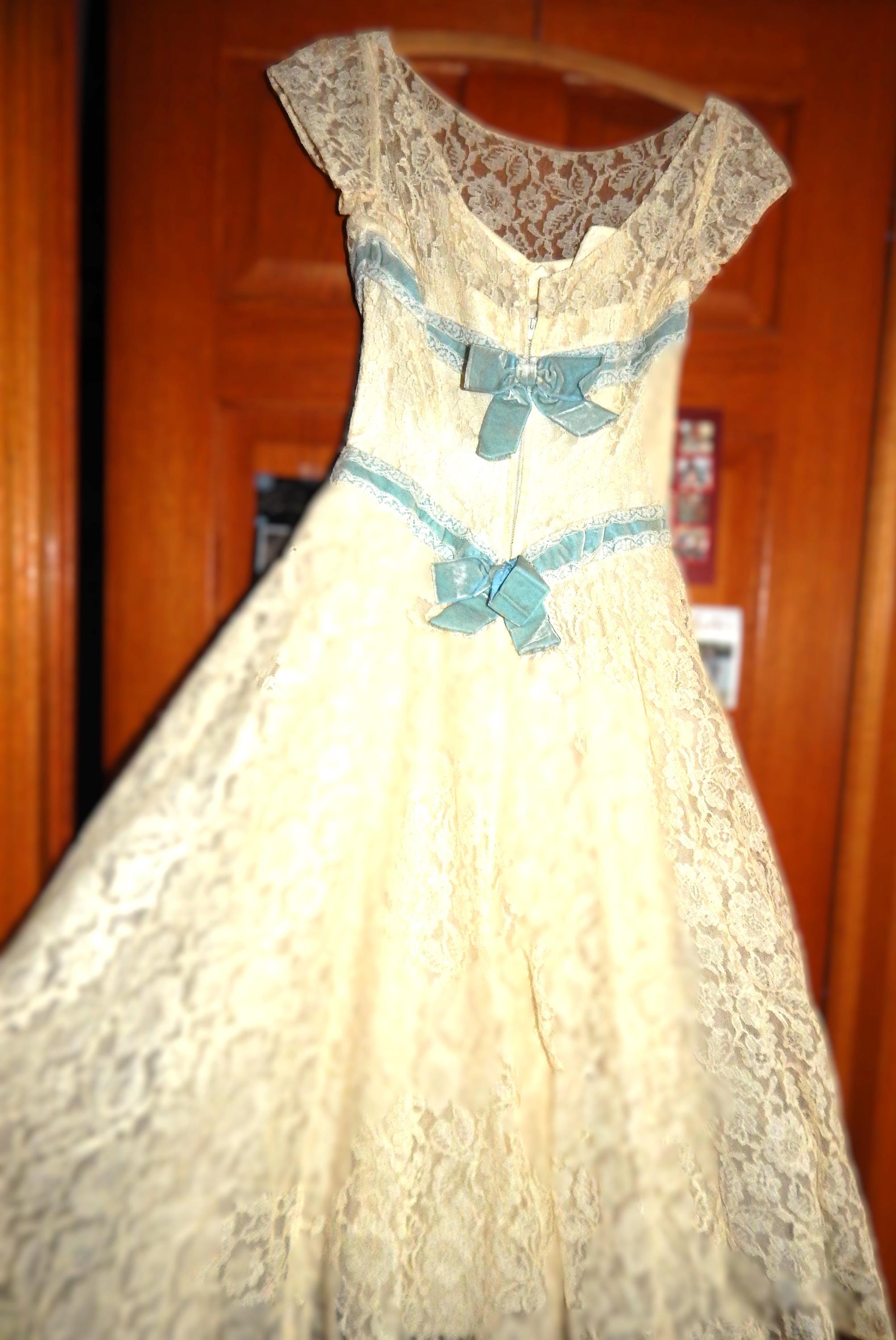 knee length dresses for ladies A Line 2 Pieces White Lace Sky Blue Prom Dress, Lace Evening Dress main image 1