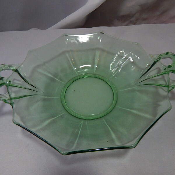 Green Depression Glass Bowl Octogon Shape with Handles