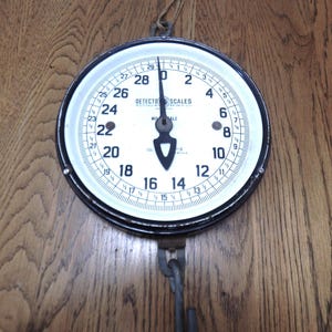 May include: A round, white-faced hanging scale with a black metal rim and a dark metal hook at the bottom. The dial features black numbers from 0 to 29, marked with Detector Scales branding, and a black pointer needle centred at the zero position.