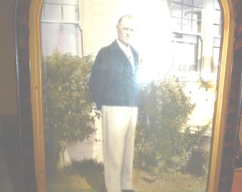 Antique Oval Convex Bubble Glass Wood Frame Hand colored Photo Man in Sunday Best