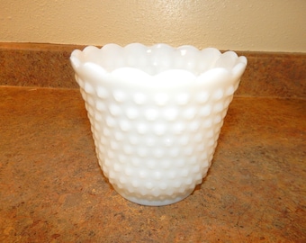 Vintage Fire King White MIlk Glass Hobnail Vase Planter Oven Ware
